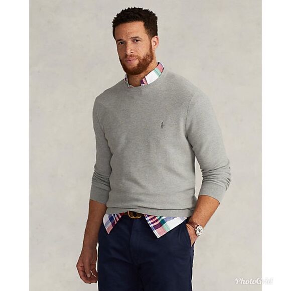 Revolve Polo Ralph Lauren Mesh-Knit Cotton Gray Crewneck Sweater - Picture 1 of 9